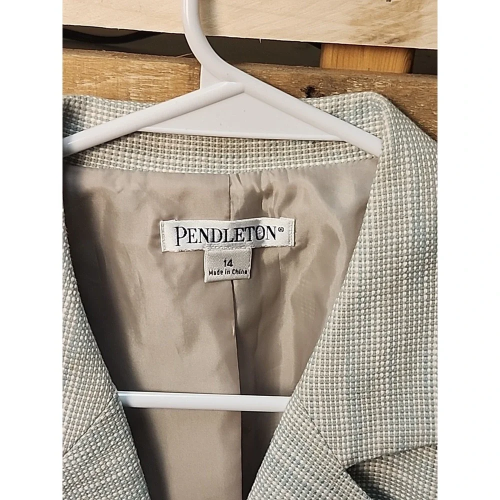 Pendleton Womens Cotton Linen Blend 3/4 Sleeve Green Blazer Jacket Size 14